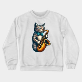 tabby cat playing saxophone Crewneck Sweatshirt